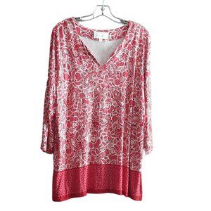 Pink Tunic Top Blouse XL V-neck Long Sleeve Vibrant Floral Paisley Cappagallo
